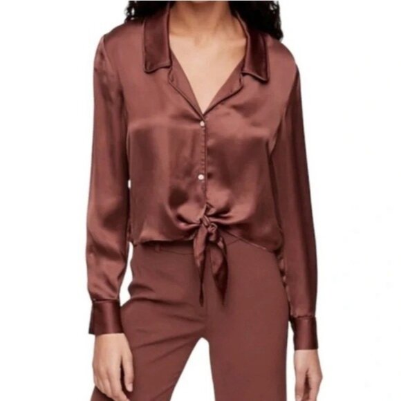 Wilfred Tops - Aritzia Wilfred Satin Crop Shirt Womens L Tie Front Brown Neutral Quiet Luxury